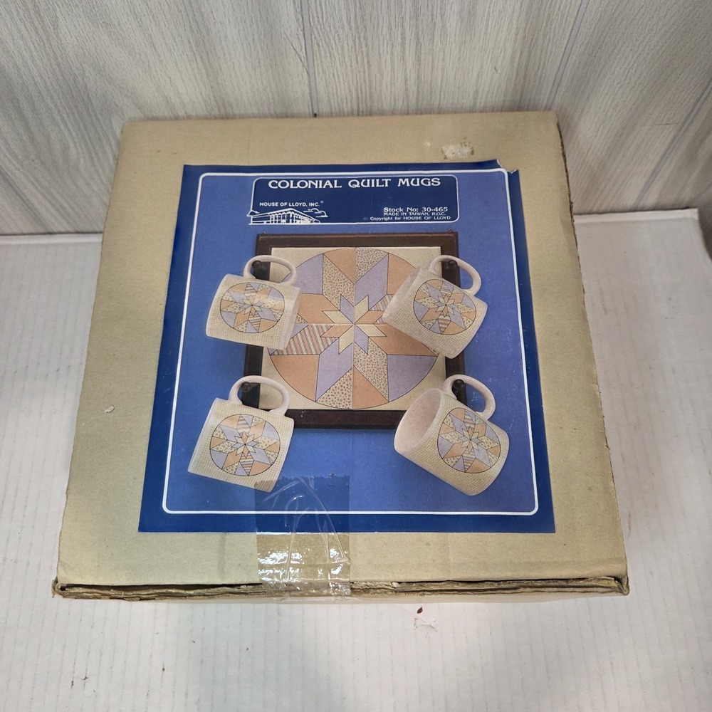 House Of Lloyd Barn Quilt Colonial Ceramic 4 Mugs Display 1988 Country Vintage